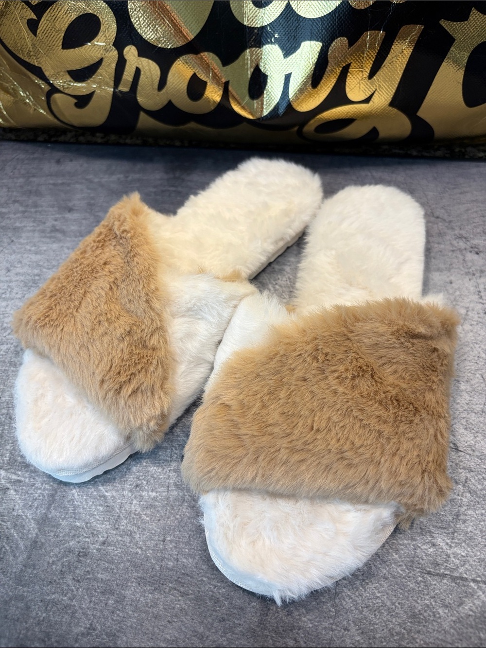 Faux Fur Slide Slippers for Women - Cream and Light Brown